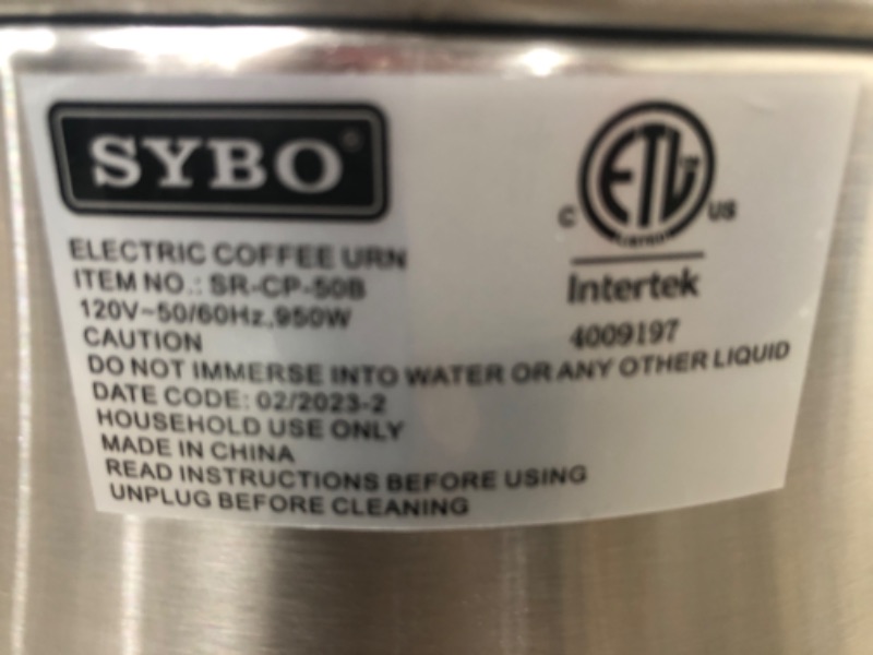 Photo 3 of SYBO 2022 UPGRADE SR-CP-50B Commercial Grade Stainless Steel Percolate Coffee Maker Hot Water Urn for Catering, 50-Cup 8 L, Metallic