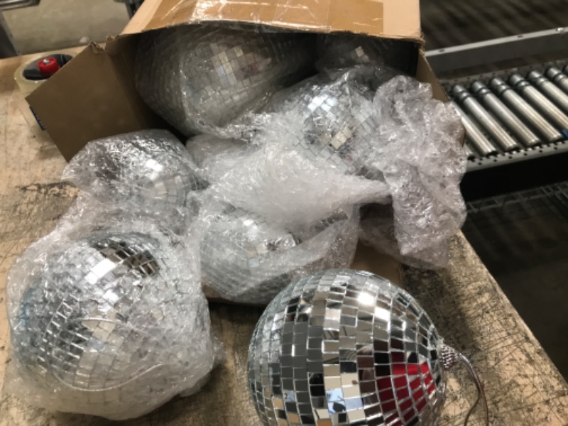 Photo 2 of 8 Pcs Large Disco Ball Set Silver Mirror Disco Balls Reflective Ball with Hanging Ring Party Hanging Ornament Decoration for Stage Club Ballroom Dance Hall Wedding Prom Props Supplies, 8'' 6'' 4'' 8'', 6'', 4''