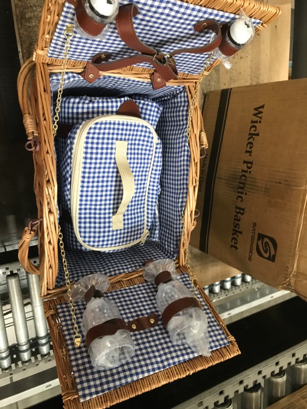 Photo 4 of 18PCS Wicker Picnic Basket for 2 with Cooler Hamper/Picnic Blanket, Large Picnic Set for Camping,Outdoor,Valentine Day,Thanks Giving,Birthday Christmas for Couples,Blue Gingham