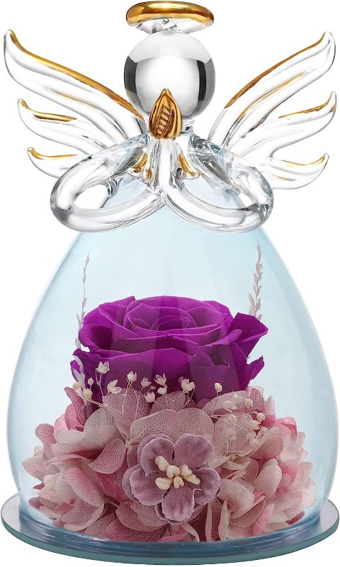 Photo 1 of ( Bundle  two pack ) ANLUNOB Preserved Rose Birthday Gifts for Women Mom Grandma Wife, Glass Angel Figurines Gifts with Pretty Purple Flowers for Anniversary Wedding