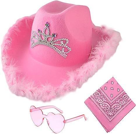 Photo 1 of Cowboy Cowgirl Hat Pink with Heart Shaped Sunglasses Bandanas Christmas Cow Costume Accessories for Girl,Boy,Adults