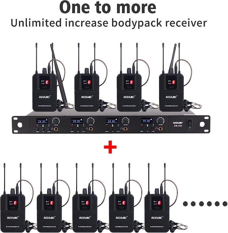 Photo 2 of MAMKOES 4 Channels EM-D04 Wireless in Ear Monitor System UHF 16 Frequency Points Professional IEM with Tranmitter and 4 Bodypack Receiver Ear Monitoring for Stage Band Performance Bar DJ Sound Return
