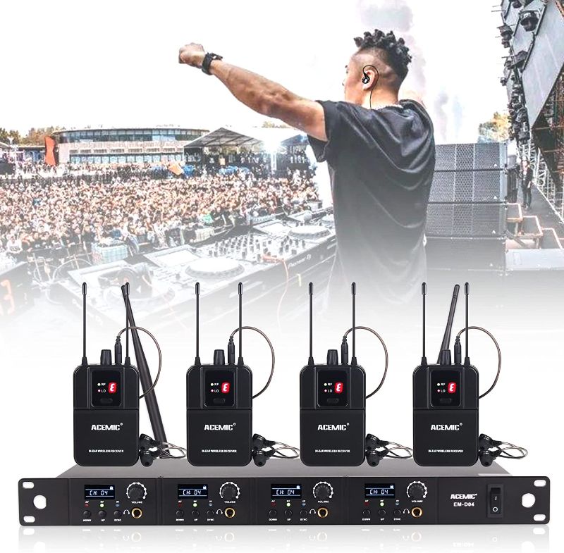 Photo 1 of MAMKOES 4 Channels EM-D04 Wireless in Ear Monitor System UHF 16 Frequency Points Professional IEM with Tranmitter and 4 Bodypack Receiver Ear Monitoring for Stage Band Performance Bar DJ Sound Return
