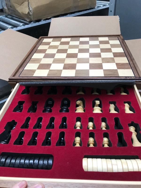 Photo 2 of **MISSING PARTS**SEE NOTES**
A&A 15 inch Walnut Wooden Chess Sets w/ Storage Drawer / Triple Weighted Chess Pieces - 3.0 inch King Height/ Walnut Box w/Walnut & Maple Inlay / 2 Extra Queen / Classic 2 in 1 Board Games/ Chess Only Triple Weighted Pieces w/
