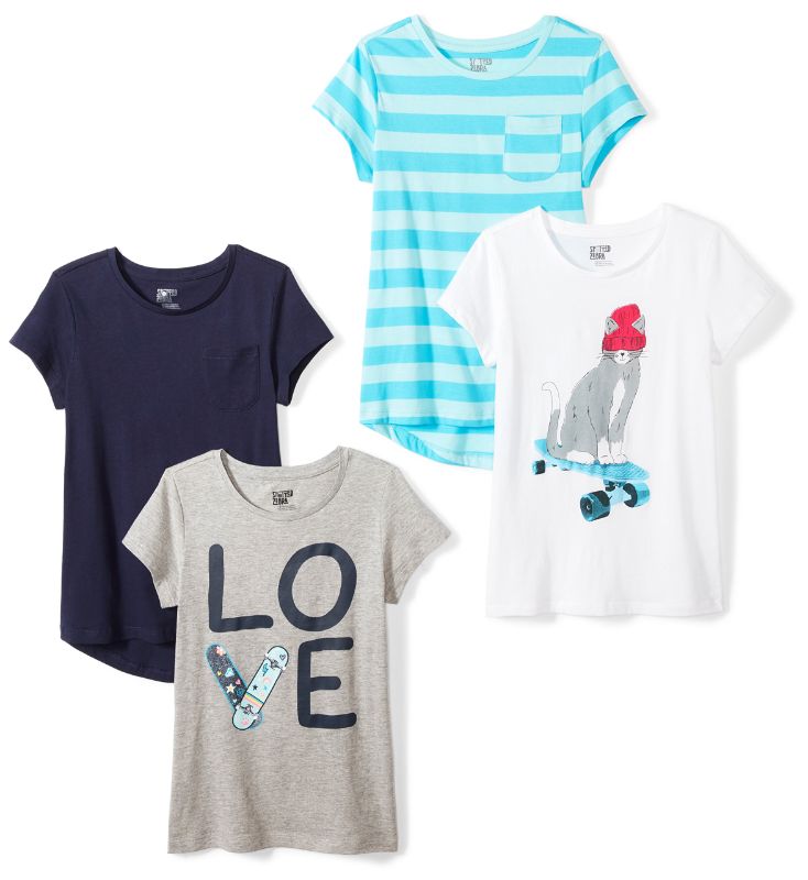 Photo 1 of Amazon Essentials Girls and Toddlers' Short-Sleeve T-Shirt Tops (Previously Spotted Zebra), Multipacks 4 Blue/Navy/Love/Skate Small