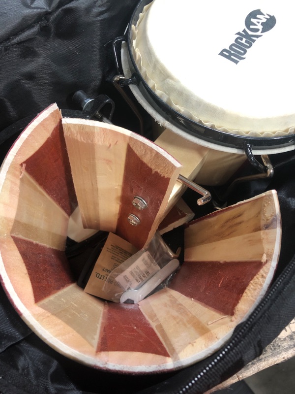 Photo 3 of ***DAMAGED***RockJam 7" and 8" Bongo Drum Set with Padded Bag and Tuning Key, Red and Natural Stripe