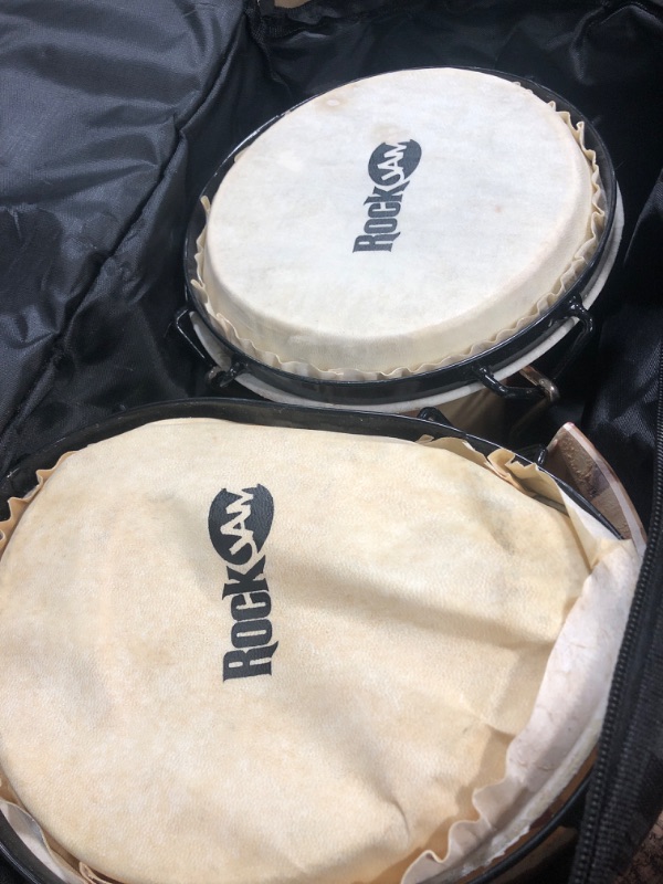 Photo 2 of ***DAMAGED***RockJam 7" and 8" Bongo Drum Set with Padded Bag and Tuning Key, Red and Natural Stripe