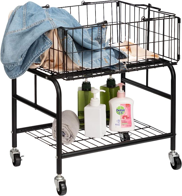 Photo 2 of 2-Tier laundry Basket,Hamper,Rolling laundry cart, Wire Laundry Basket with Storage Board, Large Removable Laundry Basket Bulter Rolling Sorter Cart Hamper with Wheels, Black