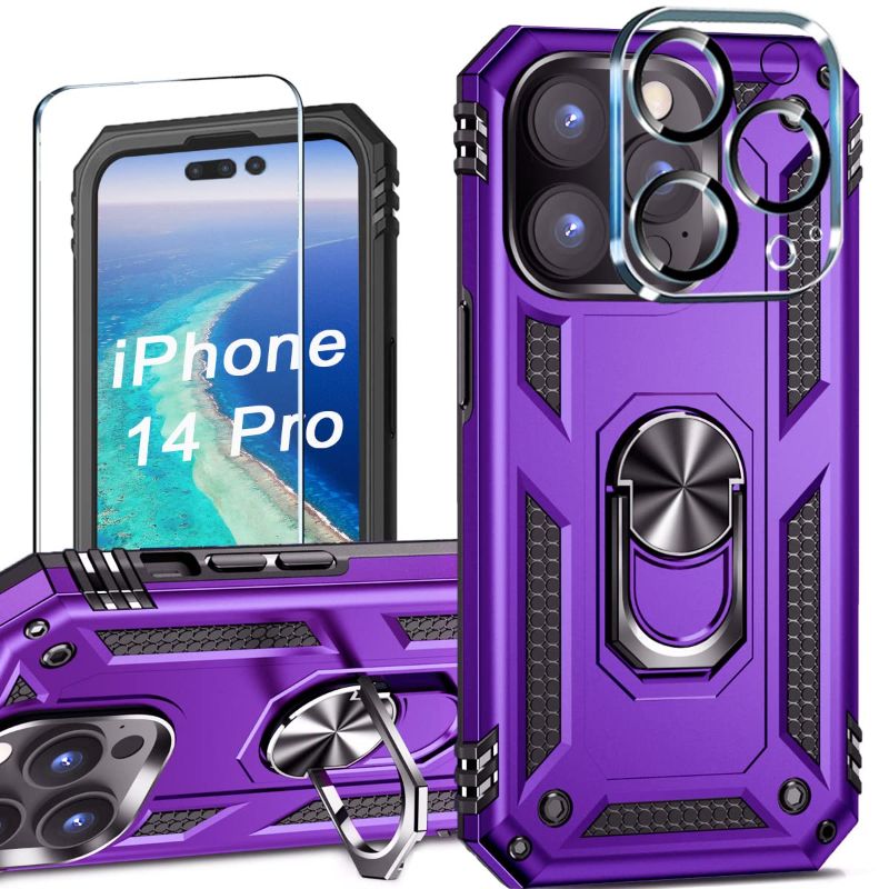 Photo 1 of Watefull for iPhone 14 Pro Case 6.1 inch 2022 with Kickstand Ring Holder, 1 Pack iPhone 14 Pro Screen Protector 1 Camera Lens Protector, Shockproof Rugged Protective Bumper Cover (Purple)