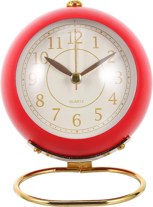 Photo 1 of Small Desk Clock for Table, Non Ticking Retro Analog Vintage Alarm Clock, Modern Gold Clock for Bedroom Nightstand, RED & Gold