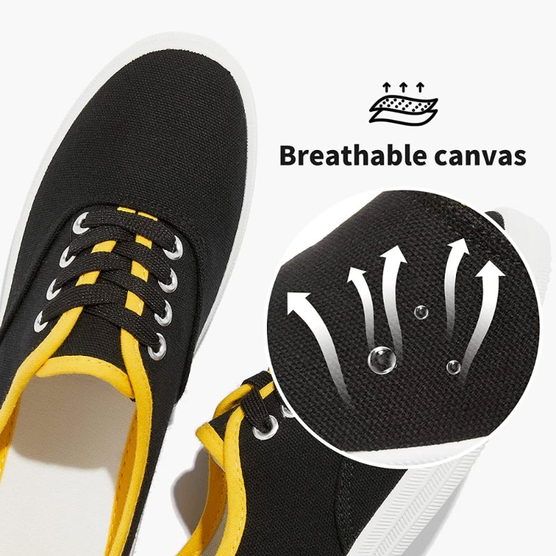 Photo 1 of THATXUAVO Women's Canvas Shoes Low Top Canvas Sneakers Slip on Casual Shoes Lightweight Tennis Shoes for Women 7 (EU 38) (Black & Yellow) 