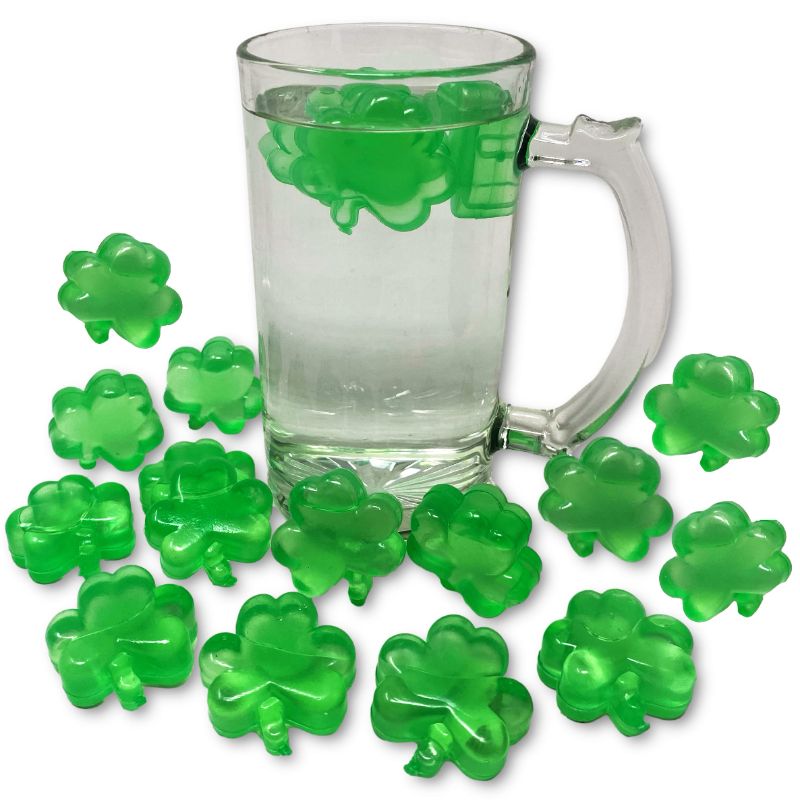 Photo 1 of (BUNDLE OF TWO) St Patricks Day Shamrock Green Reusable Ice Cubes - Plastic Ice Cubes Green Clovers - St Patrick's Day Party Drink Cocktail Beer Mug Bourbon Whisky Bar Decoration Accessories - 15 Piece Set