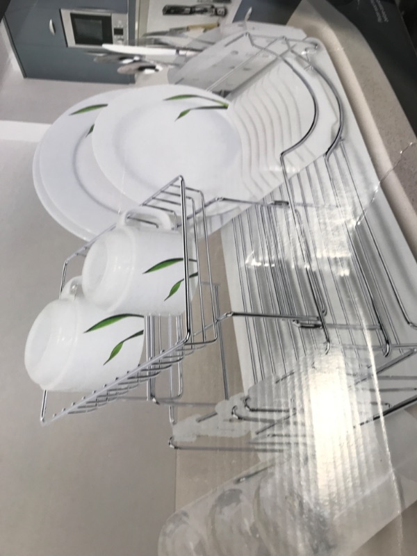 Photo 3 of 2-Tier 23 Inch Chrome Plated Steel Dish Drying Rack with Cutlery Holder and Glass Holders (White)