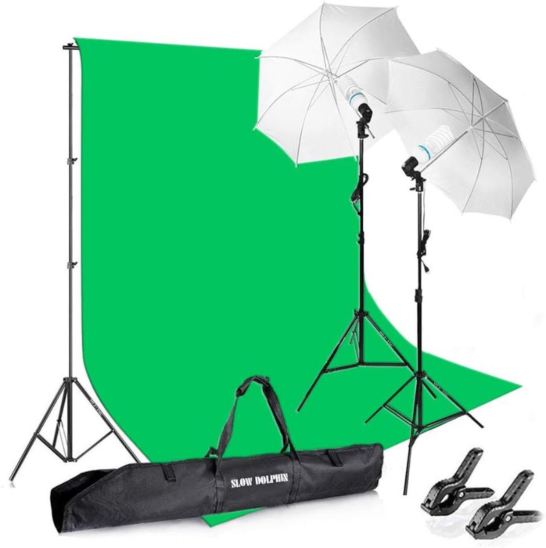Photo 1 of SLOW DOLPHIN Photography Background Stand Support System with Muslin Backdrop (Chromakey Green Screen kit),1050W 5500K Daylight Continuous Umbrella Lighting Kit for Photo Studio Product, Portrait
