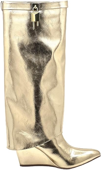 Photo 1 of Liliana Women Fold Over Knee High Boots Wedge Heel Padlock Pull-on Boots MUTTO-1 SIZE 9
