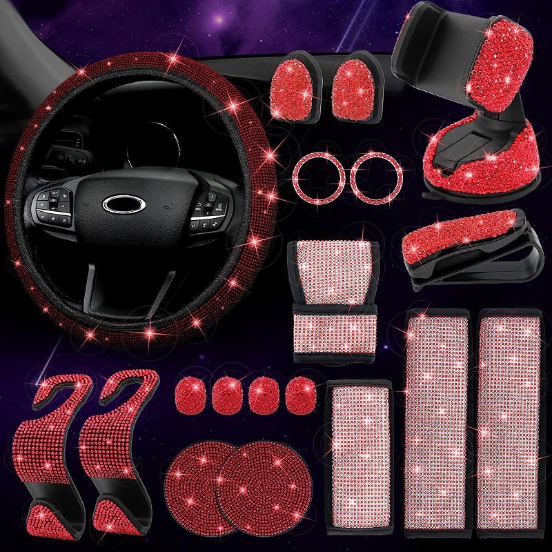 Photo 2 of 19 pcs Bling Car Accessories Set for Women, Bling Steering Wheel Cover, Bling Seat Belt Covers, Bling Handbrake Cover, Bling Car Shift Gear Cover, Bling Car Charger, Bling Car Coasters (White) (Red)