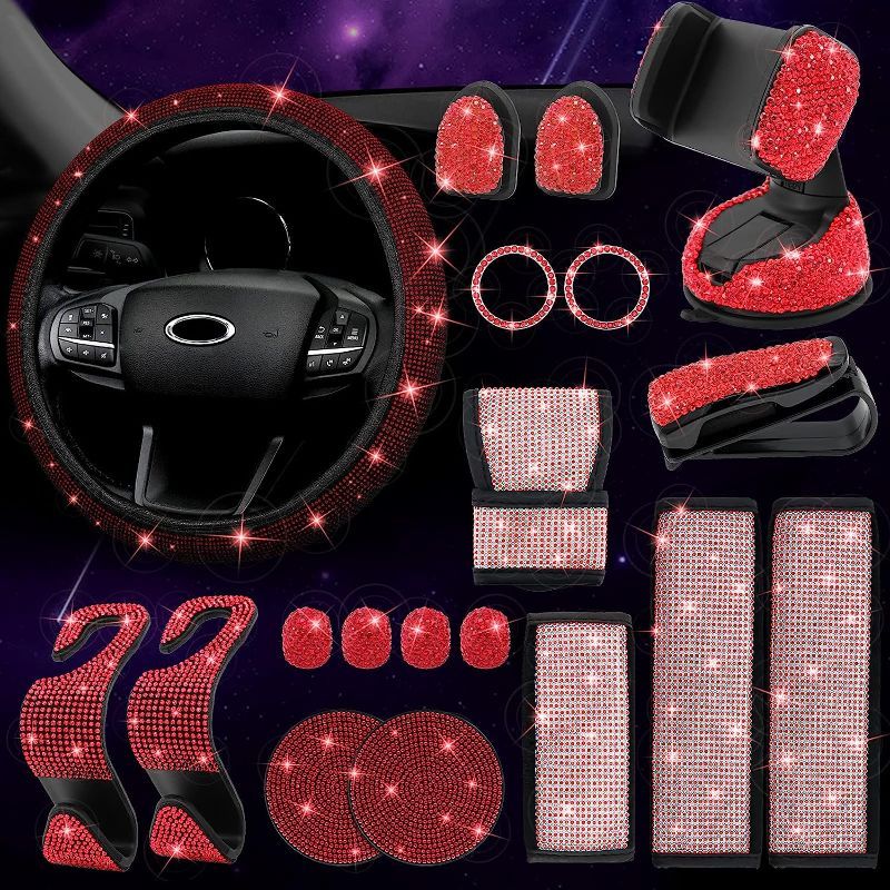 Photo 1 of 19 pcs Bling Car Accessories Set for Women, Bling Steering Wheel Cover, Bling Seat Belt Covers, Bling Handbrake Cover, Bling Car Shift Gear Cover, Bling Car Charger, Bling Car Coasters (White) (Red)