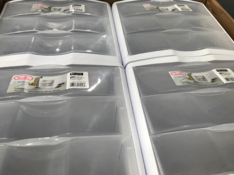 Photo 1 of (DRAWS ONLY)Sterilite 17918004 3 Drawer Unit, White Frame with Clear Drawers, Pack of 4 & 16428012 6 Quart/5.7 Liter Storage Box, White Lid with Clear Base (Pack of 12) Drawer Unit + Storage Box