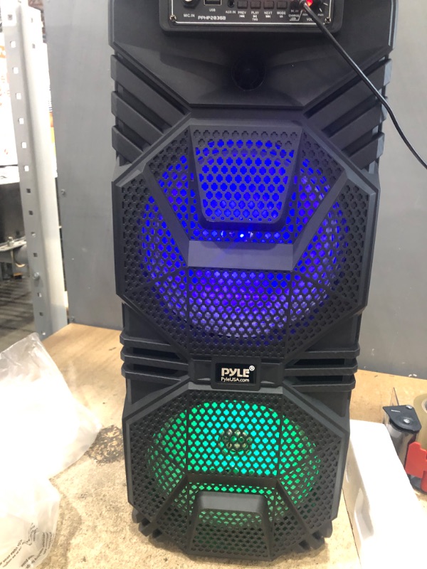 Photo 3 of Pyle Bluetooth PA Speaker System - 600W Rechargeable Outdoor Bluetooth Speaker Portable PA System w/ Dual 8” Subwoofer 1” Tweeter, Microphone In, Party Lights, USB, Radio, Remote - Pyle PPHP2836B Speaker System Speaker System