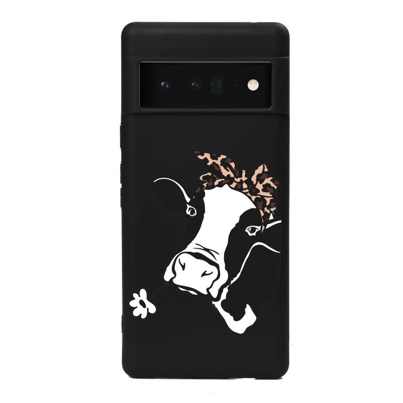 Photo 1 of juslterjkda Compatible with Google Pixel 6 Pro(2021) Case, Cow with Leopard Hair Band Flower Graphic Design for Google Case Girls Women, Soft Silicone Unique Protective Case for Google