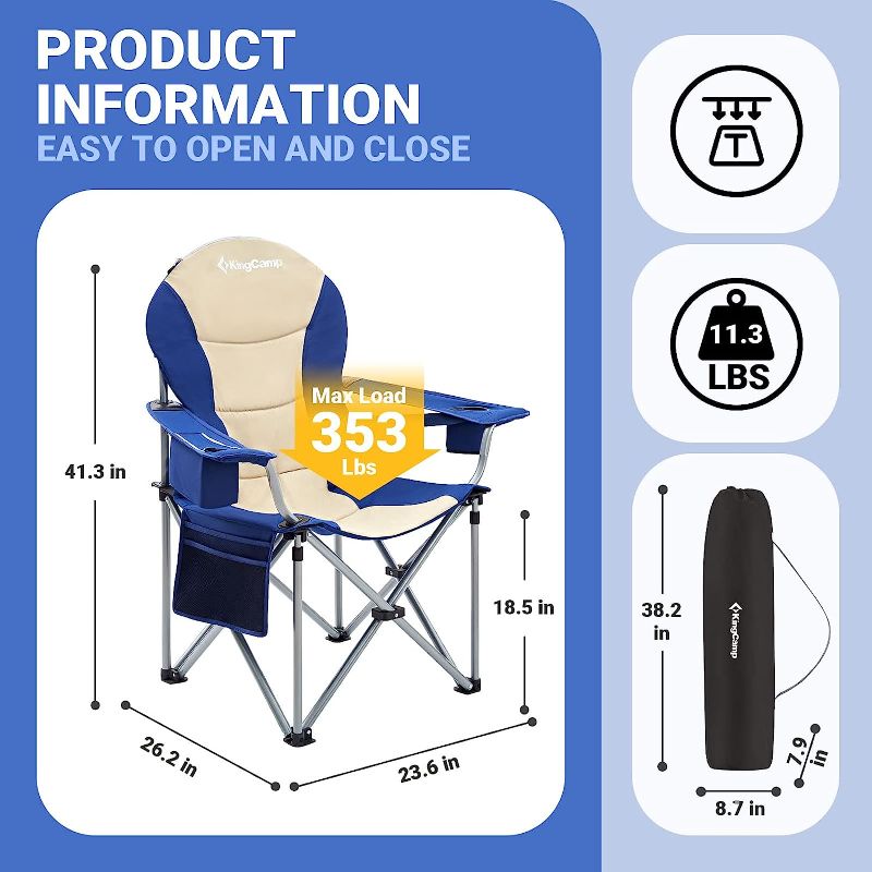 Photo 1 of (2) KingCamp Lumbar Support Camping Chairs with Cooler Bag Padded Folding Camping Chair for Adults with Adjustable Armrest Foldable Camp Chair Cup Holder Side and Head Pocket for Picnic Fishing,Max 353lbs
