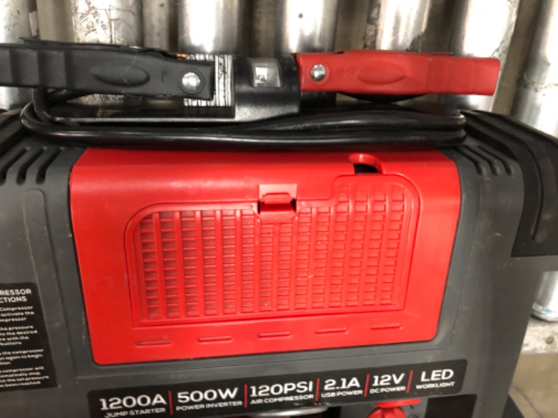 Photo 1 of 1200 Peak Amp Jump Starter, Dual Power Inverter, 120 PSI Air Compressor, USB Charging Port, Rechargeable
