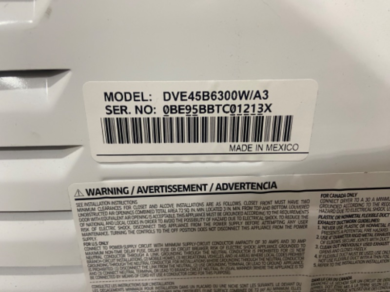 Photo 1 of ***PARTS ONLY NOT FUNCTIONAL***Samsung 7.5-cu ft Stackable Steam Cycle Smart Electric Dryer (White)