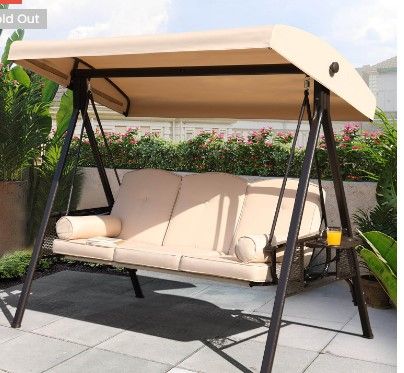 Photo 1 of **INCOMPLETE MISSING BOX 1 OF 2 !! Patio Porch Swings With Adjustable Canopy, 3 Cushions, 2 Foldable Side Trays & 2 Pillows, Khaki