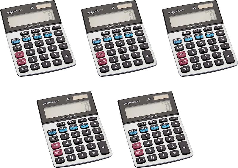 Photo 1 of Amazon Basics LCD 8-Digit Desktop Calculator, Silver - 5 Pack
