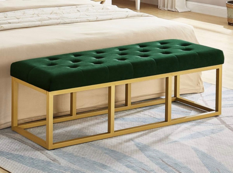 Photo 1 of 24KF Jade Velvet Bench with Padded Seat,Upholstered Tufted Bench with Golden Metal Leg-Jade