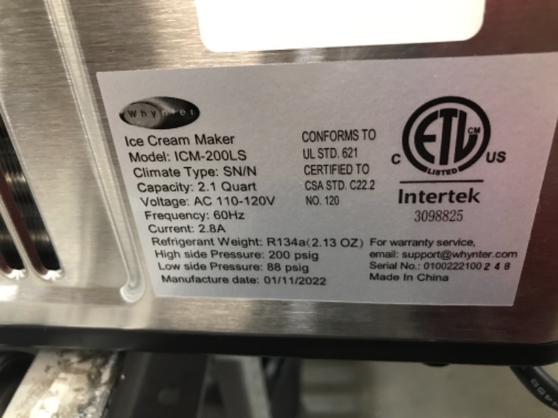 Photo 4 of ** item used ** not functional ** sold for parts or repair **
Whynter ICM-200LS 2-Quart Stainless Steel Automatic Ice Cream Maker 