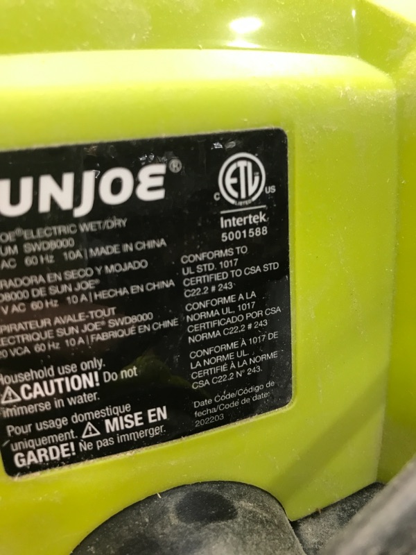 Photo 5 of ****MISSING HOSE****
Sun Joe SWD8000 8-Gallon 1200-Watt 6.5 Peak HP Wet/Dry Shop Vacuum, HEPA Filtration, Wheeled w/Cleaning Attachments, for Home, Workshops, Pet Hair and Auto Use, 8 Gallon, Black/Green 8 Gallon, 6.5 HP Canister Vacuums 