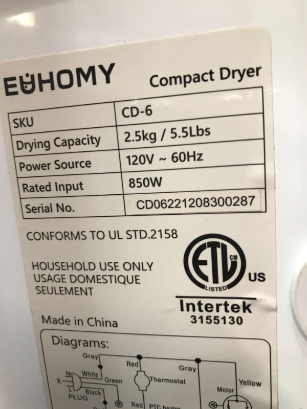 Photo 6 of *MISSING DIAL* Euhomy 110V Portable Clothes Dryer 850W Compact Laundry Dryers 1.5 cu.ft Front Load Stainless Steel Electric Dryers Machine with Stainless Steel Tub for Apartment,RVs,Dorms,White Easy Control 1.5 Cubic Feet Square 1 CD-6-1X-NEW