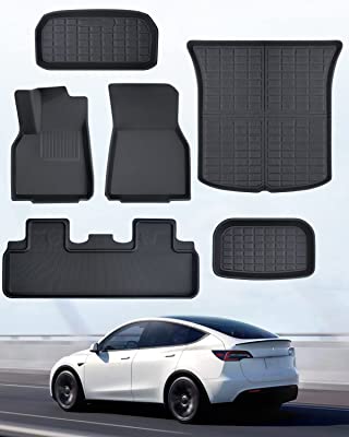 Photo 1 of DiffCar for Tesla Model Y Floor Mats 2023 2022 2021 2020 All Weather 5 Seat Custom Car Floor Mats Fit for Front Rear Cargo Liner Set, 6 PCS Waterproof Durable Accessories Interior for Tesla Model Y Black Floor Mats & Cargo Liners