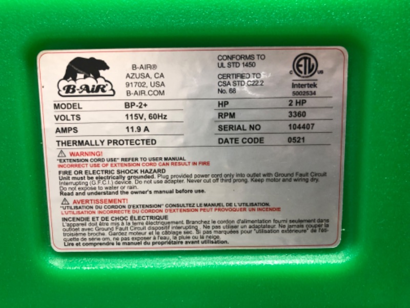 Photo 3 of ***TESTED./ POWERS ON***B-Air Kodiak 1 HP Air Blower | Powerful Bounce House Blower Fan for Large Inflatable Bounce House, Bouncy Castle and Slides