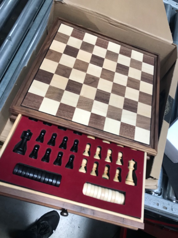 Photo 2 of A&A 15 inch Walnut Wooden Chess Sets w/ Storage Drawer / Triple Weighted Chess Pieces - 3.0 inch King Height/ Walnut Box w/Walnut & Maple Inlay / 2 Extra Queen / Classic 2 in 1 Board Games/ Chess Only Triple Weighted Pieces w/ Walnut Box