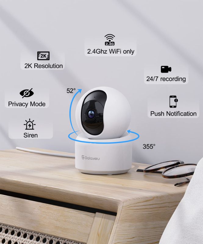 Photo 1 of GALAYOU Indoor Security Camera 2K, Pet Camera, 360 Degree WiFi Home Security Camera for Baby/Dog/Elder/Nanny with Night Vision, Siren, 24/7 SD Card Storage, Works with Alexa and Google Assistant