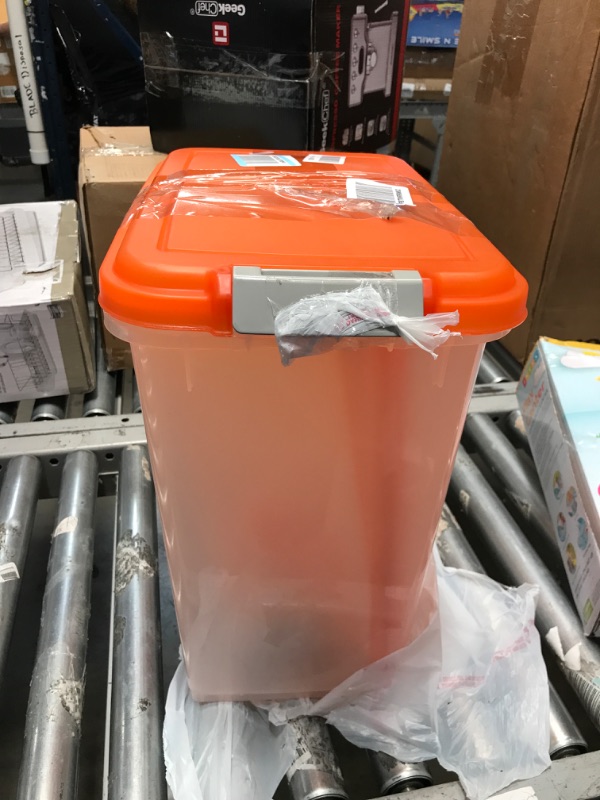 Photo 2 of ***This is only the top small container and scoop***
IRIS USA 3-Piece 35 Lbs / 45 Qt WeatherPro Airtight Pet Food Storage Container Combo with Scoop and Treat Box for Dog Cat and Bird Food, Keep Pests Out, Translucent Body, Easy Mobility, Orange
