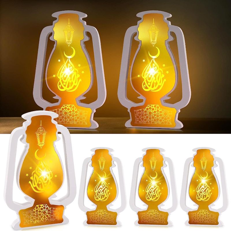 Photo 1 of 4 Pcs Ramadan Lantern Lights, Mubarak EID Crafts Wood Lanterns Centerpieces LED Night Light Table Lanterns Centerpieces for Ramadan Party Festival Decor Lantern Shaped