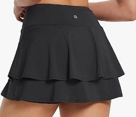 Photo 1 of BALEAF Women's Pleated Tennis Skirts Layered Ruffle Mini Skirts with Shorts for Running Workout - L
