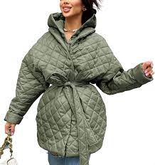 Photo 1 of Olive Green, Large, BTFBM Women Button Down Quilted Jacket Coat 2023 Fall Winter Fashion Belt Pockets Removable Padded Hood Puffer Outerwear