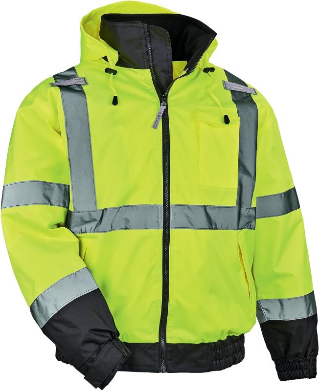 Photo 1 of High Visibility Reflective Winter Bomber Jacket, Zip Out Fleece Liner, ANSI Compliant, Ergodyne GloWear 8379,Lime,size 3XL
