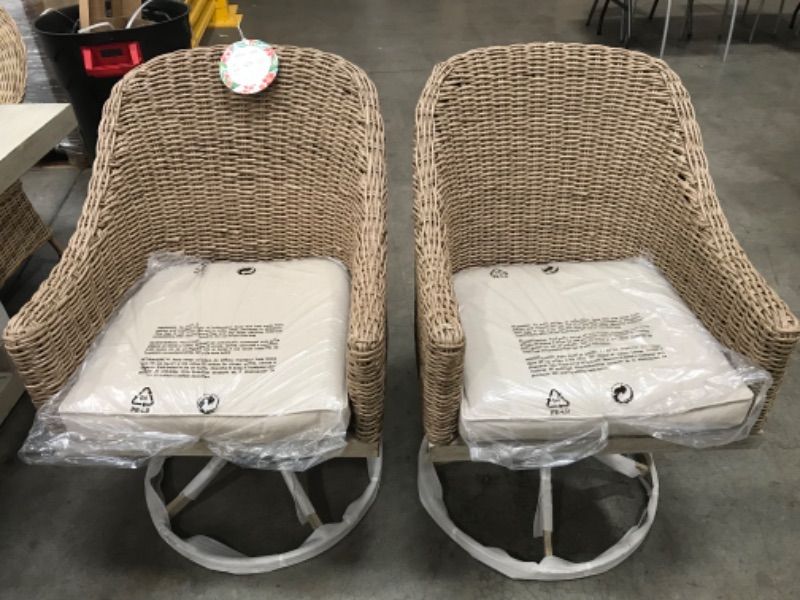 Photo 2 of unassembled **allen + roth Riverpointe Set of 2 Wicker Brown Aluminum Frame Swivel Dining Chair(s) with Tan Cushioned Seat