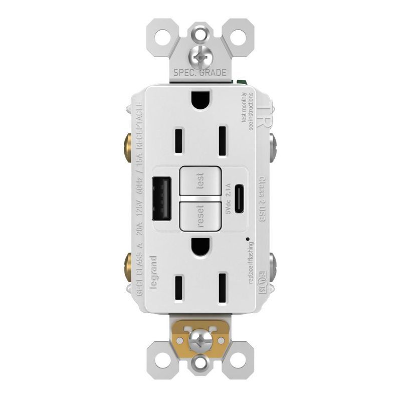 Photo 1 of Legrand Radiant 15 Amp 125-Volt Tamper Resistant Self-Test GFCI Duplex Outlet with Type a/C USB, White
