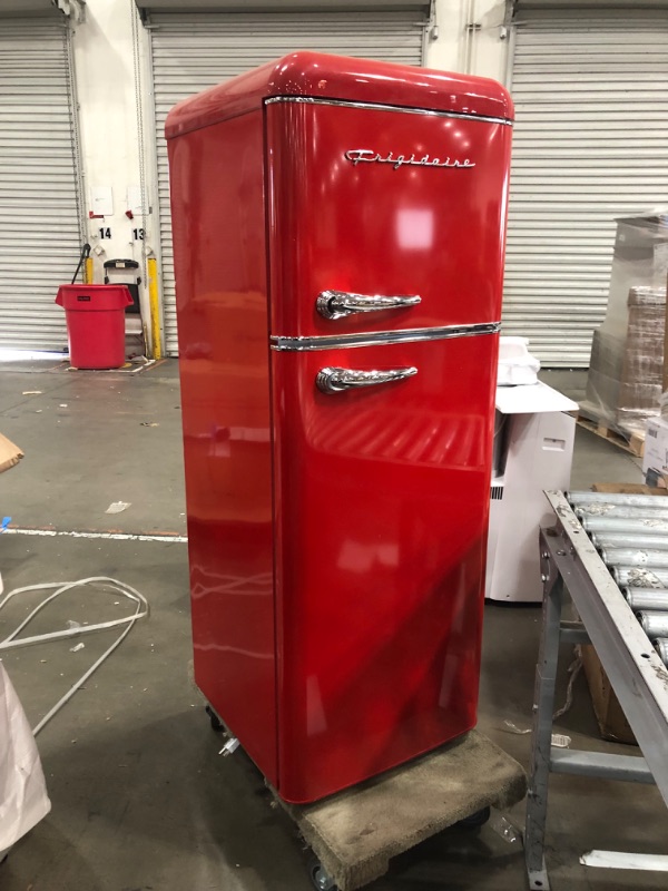 Photo 1 of FRIGIDAIRE EFR756-RED EFR756, 2 Door Apartment Size Retro Refrigerator with Top Freezer, Chrome Handles, 7.5 cu ft, red
