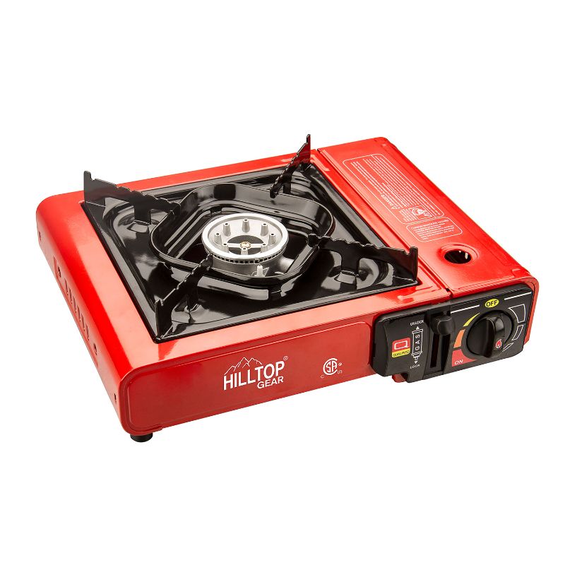 Photo 1 of Hilltop Gear 8,000 BTU Portable Gas Stove with Carrying Case for Camping, Picnics, Hiking, Fishing, BBQ, CSA Listed RED