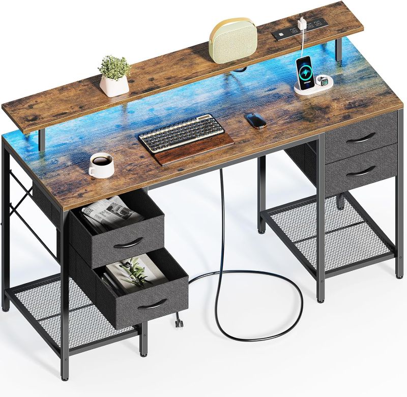 Photo 1 of Huuger 55 inch Computer Desk with 4 Drawers, Gaming Desk with LED Lights & Power Outlets, Home Office Desk with Large Storage Space for Bedroom, Work from Home, Rustic Brown
