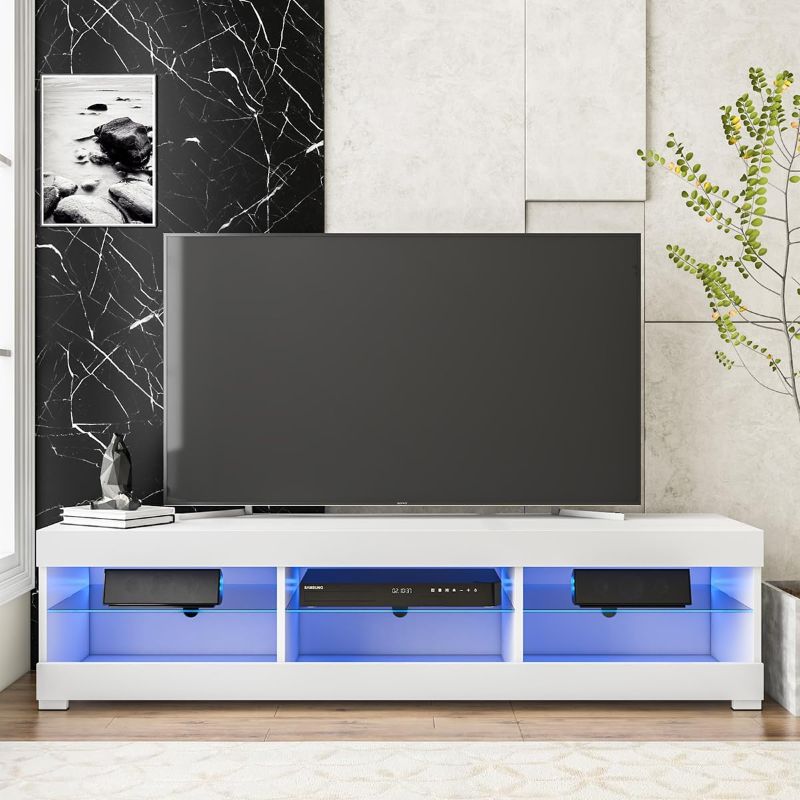 Photo 1 of HOMMPA LED TV Stand with LED Lights for 65 inch TV Modern Entertainment Center with Storage 57" White TV Console with Glass Shelves for Living Room 15" Tall
