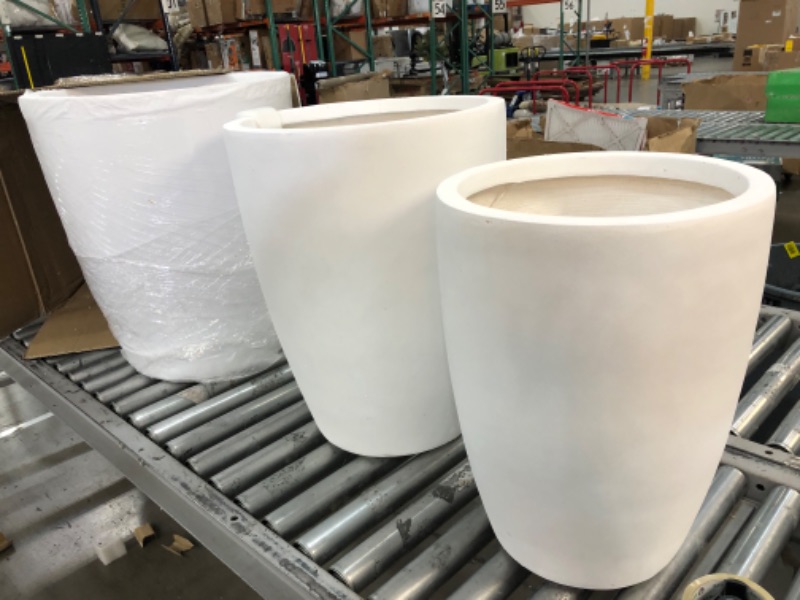 Photo 1 of 22-4-20-4-and-18-1-H-Round-Pure-White-Concrete-Tall-Planters-Set-of-3-Outdoor-Indoor-w-Drainage-Hole-Rubber-Plug