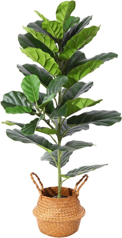 Photo 1 of Ferrgoal Artificial Fiddle Leaf Fig Plants 39 Inch Fake Ficus Lyrata Tree with 32 Leaves in Pot and Woven Seagrass Belly Basket Perfect Faux Plant for Home Indoor Outdoor Office Modern Decor Green
